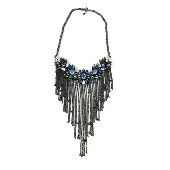 Gray Metal Rhinestone Chain Statement Necklace 13" Blue Clear Retro Boho Dangle - Picture 3 of 11